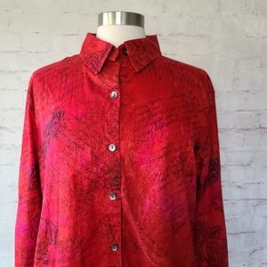 Chico's Red Romantic Script Fleur-de-lis Print Lightweight Button Up Shirt 2 Lg